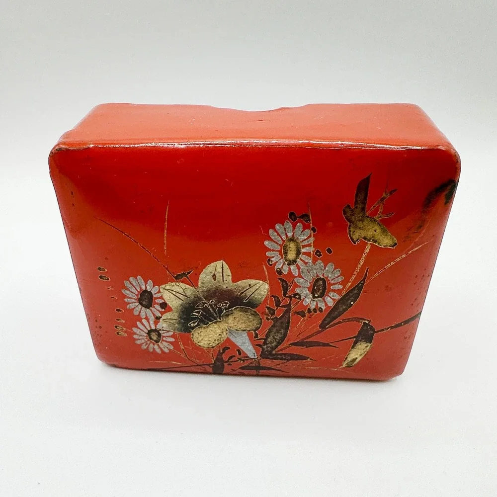 Vintage Red Lacquer Trinket Box‎ Floral Bird Oriental Design Gift Box Jewelry
